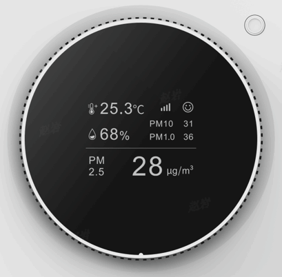 關鍵詞:空氣質量傳感器;描述:1. 溫濕度檢測功能                 
								2. CO2檢測功能                  
								3. PM2.5檢測功能
								4. 照度檢測功能
								5. 靠近亮屏近離息屏
								6. 無線連接功能
								工作原理
								本產品通過精密的傳感器感知溫濕度，C02,甲醛，PM2.5的變化，采用TFT屏顯示，從而實現知曉空氣各種參數。