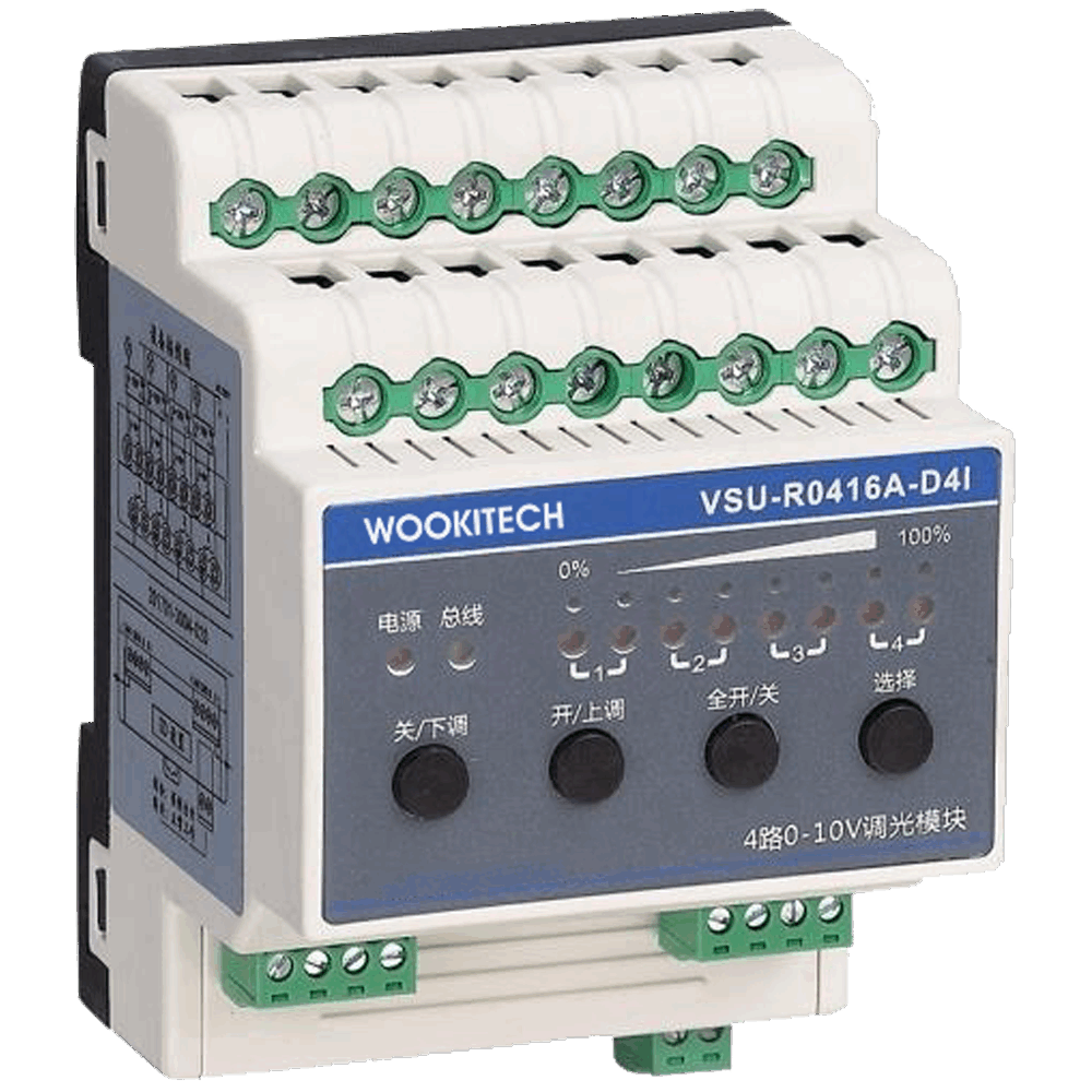 關鍵詞:大功率照明控制器;描述:1.標準導軌式安裝占4個模數位；
								2.提供4路16A繼電器開關和4路0-10V調光信號；
								3.可設置各回路的開機初始值（繼電器開關，調光亮度值）；
								4.具備多回路順序延時啟動功能，避免同時啟動造成對電網的沖擊；
								5.具有手動控制按鈕，在網絡故障時可手動控制回路的開關；
								6.繼電器具備手撥開關，即使模塊斷電也可手動閉合繼電器；
								7.執行場景命令后立即向監控中心返回各個回路的實際開關狀態；
								8.具有本機及遠程編程、測試功能；
								9.調光接口具有±2 kV的ESD保護功能，具有短路保護，過流保護；
								10.調光精度有3600級，0%-100% 100級調光，可根據燈具類型設置相應的調光曲線，實現真正的線性調光； 
								11.支持在線刷新程序；