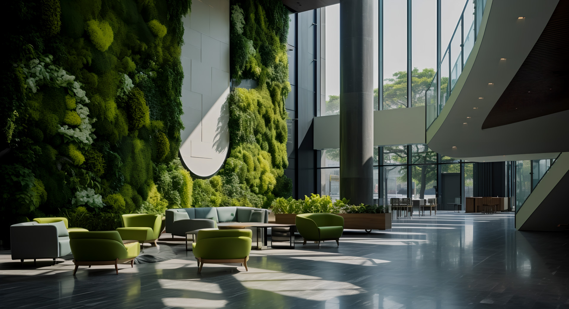 關鍵詞：綠色生態辦公空間、低碳辦公環境、垂直綠化、可持續辦公場景
      描述：融合垂直綠化與自然采光的生態辦公大堂，通過植物墻與環保設計打造低碳辦公環境，傳遞可持續辦公理念，為員工營造親近自然的綠色工作場景。